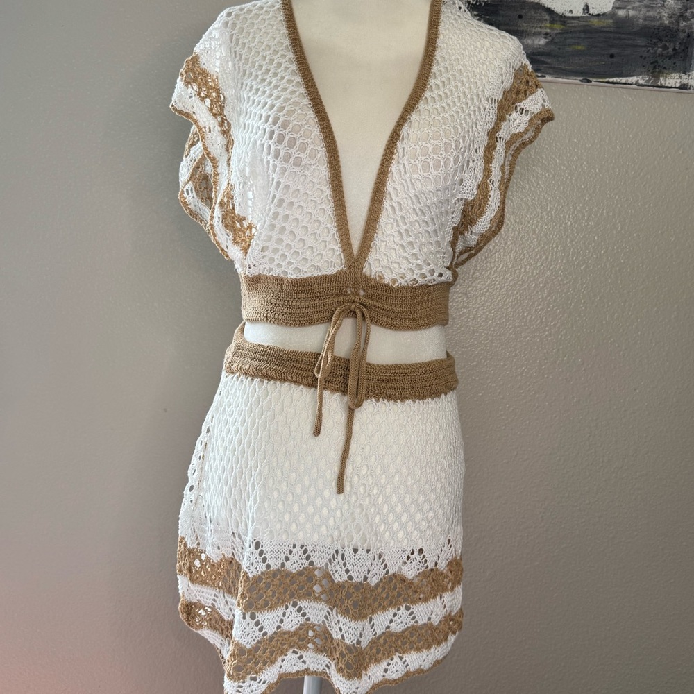White and Tan Crochet Cover-Up Set